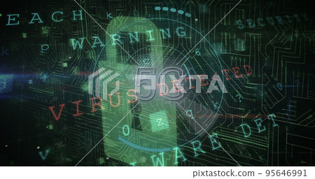 Illustration of 5g and multiple texts over padlock against circuit board patterned background Illustration of 5g and multiple texts over padlock against circuit board patterned background 95646991
