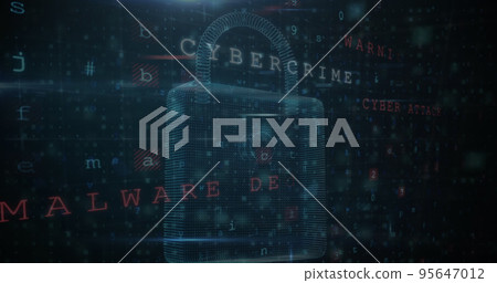 Illustration of padlock with multiple words, letters and numbers over abstract background 95647012