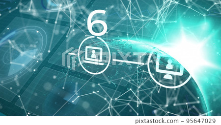 Illustration of 6 number with flowchart, dots connected with lines and globe over lens flare 95647029
