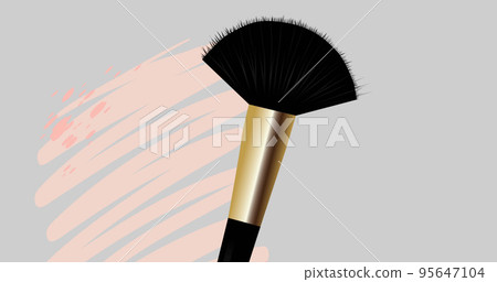 Composite of makeup brush with abstract pattern against white background, copy space Composite of makeup brush with abstract pattern against white background, copy space 95647104