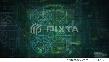 Illustration of circles with circuit board patterned padlock and database over abstract background Illustration of circles with circuit board patterned padlock and database over abstract background 95647125