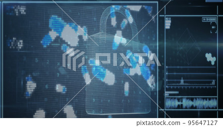 Illustration of pixelated digital capsules with padlock and sound waves on abstract background Illustration of pixelated digital capsules with padlock and sound waves on abstract background 95647127