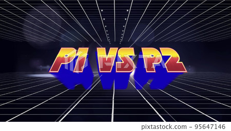 Illustration of p1 vs p2 text with grid pattern and lens flare against black background, copy space Illustration of p1 vs p2 text with grid pattern and lens flare against black background, copy space 95647146
