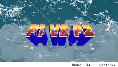 Composite of p1 vs p2 over connected dots forming geometric shape with numbers over cloudy sky 95647155