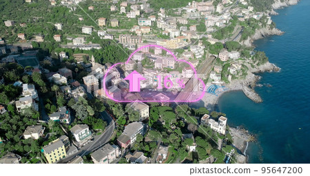 Composite of 16 percent text with up arrow sign over aerial view of cityscape and sea, copy space Composite of 16 percent text with up arrow sign over aerial view of cityscape and sea, copy space 95647200
