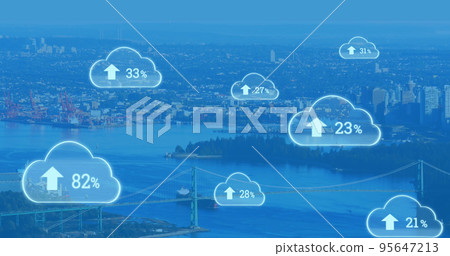 Composite of numbers with up arrow and percentage signs in clouds over aerial view of cityscape 95647213