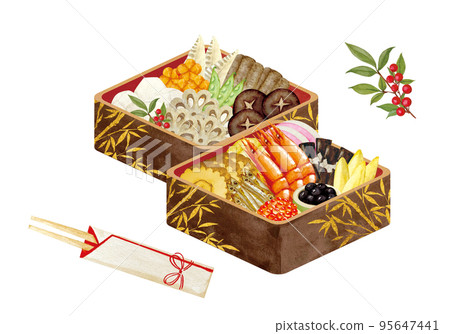 New Year dishes in a multi-tiered box painted in watercolor 95647441