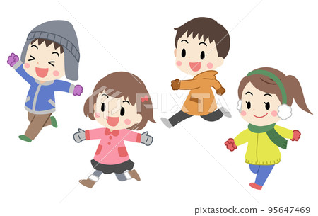 孩子們在冬天跑步的插圖 沒有線條 95647469