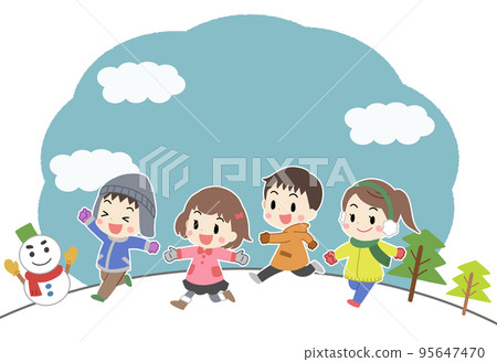 孩子們在冬天的風景中奔跑的插圖沒有線條 95647470