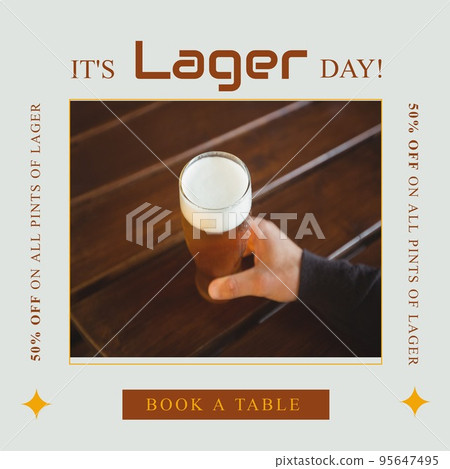 Composition of lager day text over hand with mug of beer Composition of lager day text over hand with mug of beer 95647495