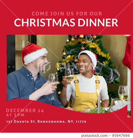 Square image of diverse family having christmas dinner and christmas dinner text Square image of diverse family having christmas dinner and christmas dinner text 95647666