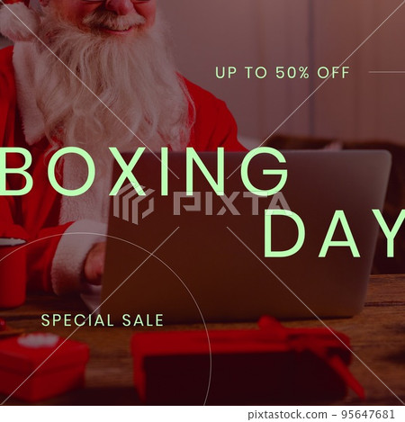 Square image of santa claus holding gift and boxing day up to 50 percent text Square image of santa claus holding gift and boxing day up to 50 percent text 95647681