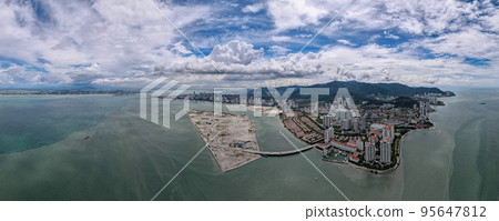 Panorama aerial view Tanjung Tokong at Penang Island in blue day Panorama aerial view Tanjung Tokong at Penang Island in blue day 95647812