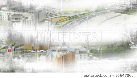 Composite of white blocks pattern over aerial view of city, copy space Composite of white blocks pattern over aerial view of city, copy space 95647863