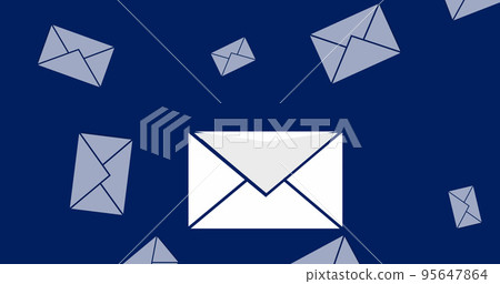 Illustration of falling white colored envelopes over blue background, copy space Illustration of falling white colored envelopes over blue background, copy space 95647864