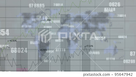 Image of financial data processing and numbers changing over world map Image of financial data processing and numbers changing over world map 95647942
