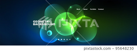 Shiny neon circles and bubbles, dark abstract background with blurred magic neon light, wallpaper design 95648230