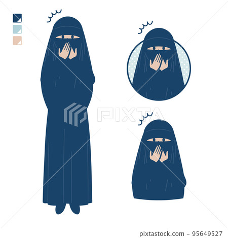 Illustration of a Muslim woman wearing a niqab holding her mouth and being surprised Illustration of a Muslim woman wearing a niqab holding her mouth and being surprised 95649527