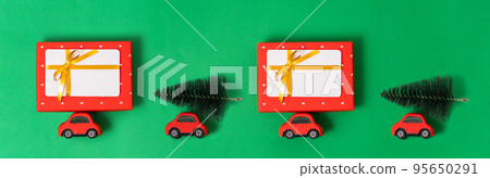 Abstract sale, delivery banner background, red cars transport gift boxes on green background 95650291