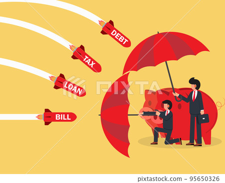 Concept of protection. two businessman with umbrella protecting his piggy bank 95650326