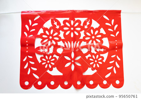 Day of the Dead, Papel Picado with flower Red traditional Mexican paper cutting flag. Isolated on white background. 95650761