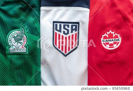 Calgary, Alberta. Canada. Sep 11, 2022. Mexican, American and Canadian Soccer football jersey. Concept 95650968