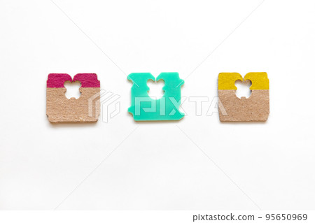 Colorful Cardboard and plastic Bread clips to hold bags closed. Also call Bread tags, bread tabs, ties or bread-bag clips. Concept 95650969