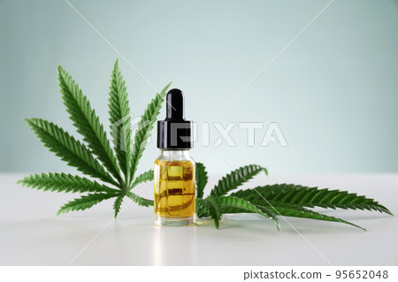 Legalized cannabis sativa hemp leaf and container of CBD oil with dropper lid. Legalized cannabis sativa hemp leaf and container of CBD oil with dropper lid. 95652048