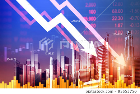 Declining graphs of a stock market crash overlap modernistic city. 95653750