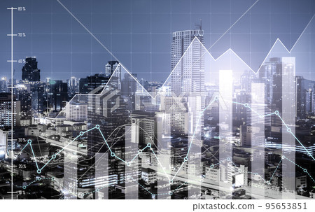Financial graphs and modernistic cityscape as background for business concept. 95653851