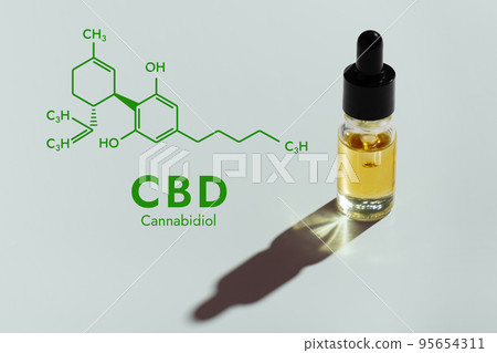 Legalized CBD oil in container with a dropper lid and biochemistry formula. 95654311