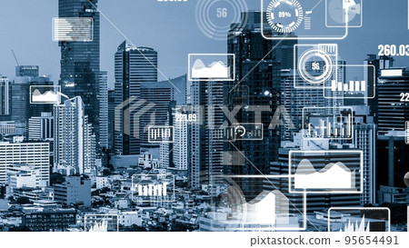 Business data analytic interface fly over smart city showing alteration future 95654491