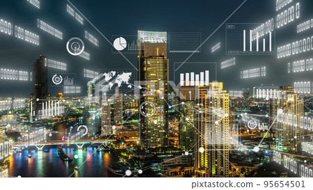 Business data analytic interface fly over smart city showing alteration future 95654501