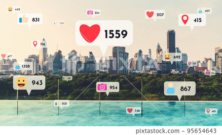 Social media icons fly over city downtown showing people reciprocity connection 95654643