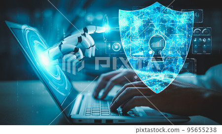 Futuristic robot artificial intelligence enlightening AI technology concept Futuristic robot artificial intelligence enlightening AI technology concept 95655238