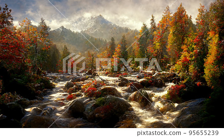 Spectacular autumn forest, mountain and creek scene. Digital art 3D illustration Spectacular autumn forest, mountain and creek scene. Digital art 3D illustration 95655239