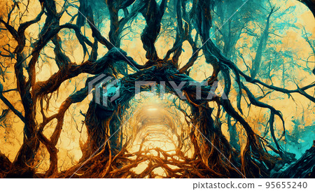 Dark scary forest cursed by witch spell spectacular 3D illustration Dark scary forest cursed by witch spell spectacular 3D illustration 95655240