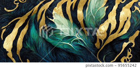 Spectacular digital art 3D illustration pattern of teal and gold fur like wave. 95655242