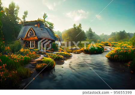 Painting style digital art of spectacular cottage in forest 95655399