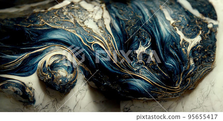 Spectacular dark blue and white ink swirled around. Digital art 3D illustration. 95655417