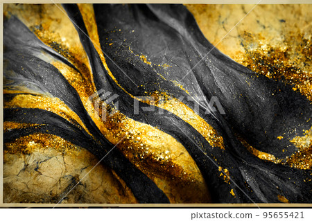 Spectacular dark black and gold ink swirled around. Digital art 3D illustration. 95655421