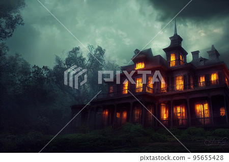 Abandoned ghost house scary night spectacular 3D illustration digital painting 95655428