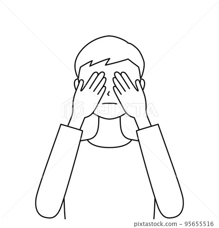 一個男人用雙手遮住眼睛的插圖 看不到邪惡(白色背景、矢量、線條畫、剪裁) 一個男人用雙手遮住眼睛的插圖 看不到邪惡(白色背景、矢量、線條畫、剪裁) 95655516