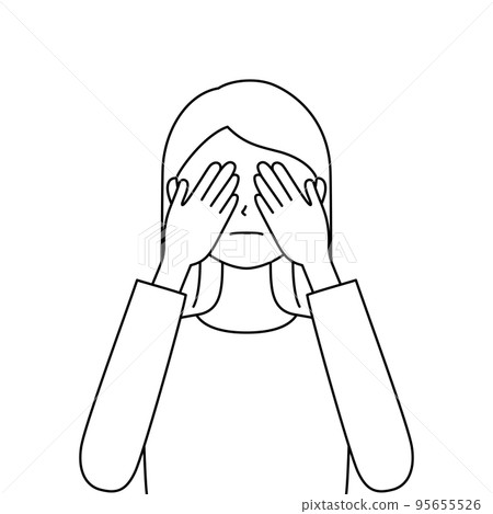 一個女人用雙手遮住眼睛的插圖 看不到邪惡(白色背景、矢量、線條畫、剪裁) 一個女人用雙手遮住眼睛的插圖 看不到邪惡(白色背景、矢量、線條畫、剪裁) 95655526
