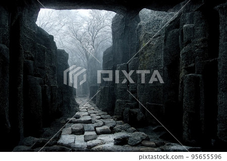 Dark dungeon catacomb underground tunnel spectacular halloween 3D illustration Dark dungeon catacomb underground tunnel spectacular halloween 3D illustration 95655596