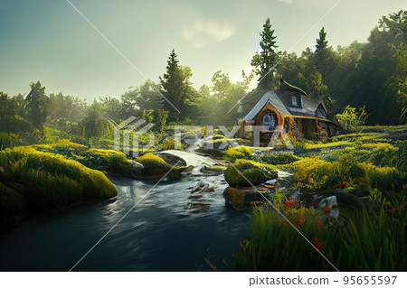 Painting style digital art of spectacular cottage in forest Painting style digital art of spectacular cottage in forest 95655597