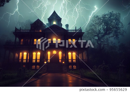 Abandoned ghost house scary night spectacular 3D illustration digital painting Abandoned ghost house scary night spectacular 3D illustration digital painting 95655629