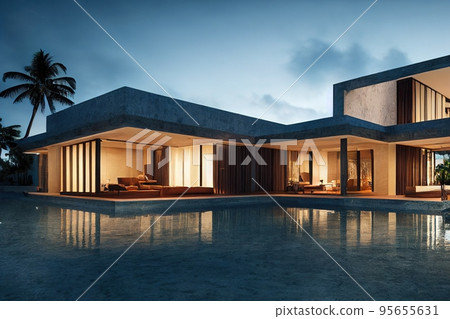 Luxury pool villa spectacular contemporary design 3D illustration digital art 95655631