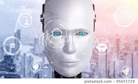 Robot hominoid face close up with graphic concept of AI thinking brain Robot hominoid face close up with graphic concept of AI thinking brain 95655729