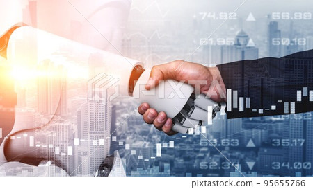 3D rendering hominoid robot handshake to collaborate future technology 3D rendering hominoid robot handshake to collaborate future technology 95655766